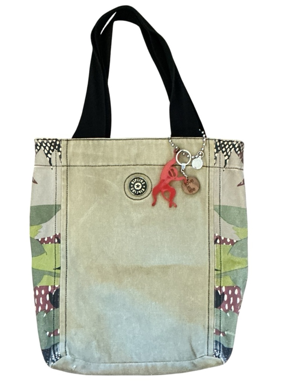Kipling Olive Green Canvas Tote with Black Straps and Red Monkey Charm